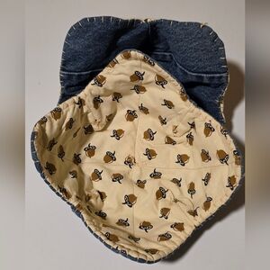 Brown Acorns On Tan Print 2 Cozies Upcycled Blue Denim Jeans Hand Crafted LG